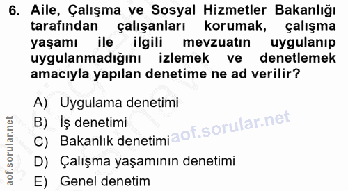 6. soru: Aile, Çalışma ve Sosyal Hizmetler Bakanlığı tarafından çalışanları korumak, çalışma yaşamı ile ilgili mevzuatin uygul…