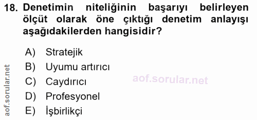 18. soru: Denetimin niteliğinin başarıyı belirleyen ölçüt olarak öne çıktığı denetim anlayışı aşağıdakilerden hangisidir? A) St…