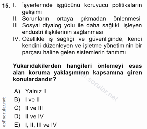 15. soru: I. İşyerlerinde işgücünü koruyucu politikaların gelişimi Il. Sorunların ortaya çıkmadan önlenmesi IlI. Sosyal diyalog…