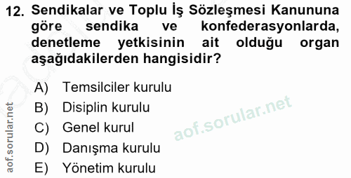 12. soru: Sendikalar ve Toplu İş Sözleşmesi Kanununa göre sendika ve konfederasyonlarda, denetleme yetkisinin ait olduğu organ…