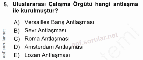 5. soru: Uluslararası Çalışma Örgütü hangi antlaşma ile kurulmuştur? A) Versailles Barış Antlaşması B) Sevr Antlaşması Roma An…