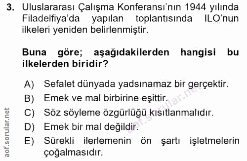 3. soru: Uluslararası Çalışma Konferansı'nın 1944 yılında Filadelfiya'da yapılan toplantısında ILO'nun ilkeleri yeniden belirl…