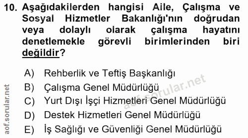 10. soru: Aşağıdakilerden hangisi Aile, Çalışma ve Sosyal Hizmetler Bakanlığı'nın doğrudan veya dolaylı olarak çalışma hayatını…