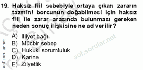 19. soru: Haksız fiil sebebiyle ortaya çıkan zararın tazmini borcunun doğabilmesi için haksız fiil ile zarar arasında bulunması…
