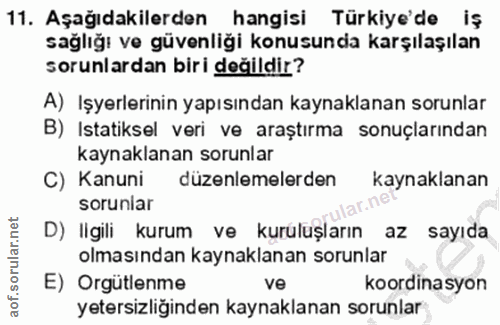 11. soru: Aşağıdakilerden hangisi Türkiye'de iş sağlığı ve güvenliği konusunda karşılaşılan sorunlardan biri değildir? A) Işyer…