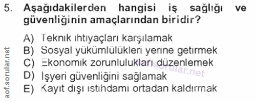 5. soru: Aşağıdakilerden hangisi iş sağlığı ve güvenliğinin amaçlarından biridir? A) Teknık ıhtıyaçları karşılamak B) Sosyal y…