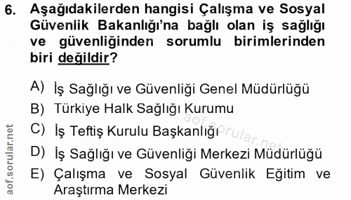 6. soru: Aşağıdakilerden hangisi Çalışma ve Sosyal Güvenlik Bakanlığı'na bağlı olan iş sağlığı ve güvenliğinden sorumlu biriml…