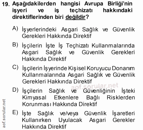 19. soru: Aşağıdakilerden hangisi Avrupa Birliği'nin işyeri ve iş teçhizatı hakkındaki direktiflerinden biri değildir? A) İşyer…