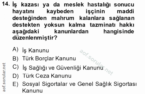 14. soru: İş kazası ya da meslek hastalığı sonucu hayatını kaybeden işçinin maddi desteğinden mahrum kalanlara sağlanan destekt…