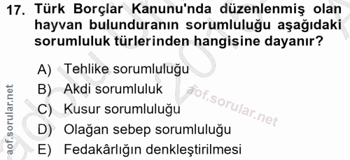 17. soru: Türk Borçlar Kanunu'nda düzenlenmiş olan hayvan bulunduranın sorumluluğu aşağıdaki sorumluluk türlerinden hangisine d…