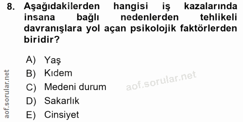 8. soru: Aşağıdakilerden hangisi iş kazalarında insana bağlı nedenlerden tehlikeli davranışlara yol açan psikolojik faktörlerd…