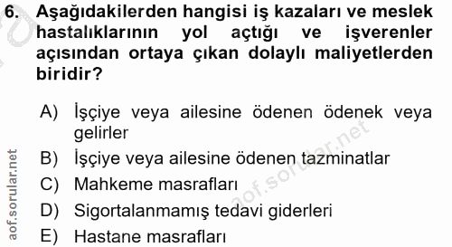 6. soru: Aşağıdakilerden hangisi iş kazaları ve meslek hastalıklarının yol açtığı ve işverenler açısından ortaya çıkan dolaylı…