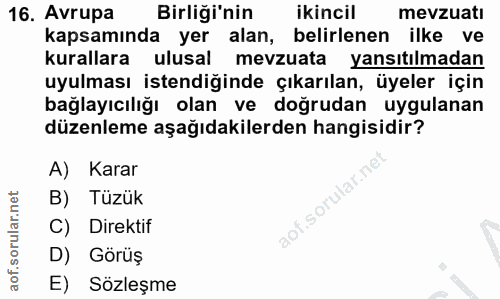 16. soru: Avrupa Birliği'nin ikincil mevzuatı kapsamında yer alan, belirlenen ilke ve kurallara ulusal mevzuata yansıtılmadan u…