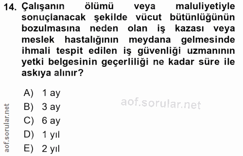 14. soru: Çalışanın ölümü veya maluliyetiyle sonuçlanacak şekilde vücut bütünlüğünün bozulmasına neden olan iş kazası veya mesl…
