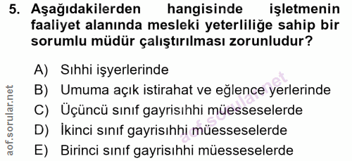 5. soru: Aşağıdakilerden hangisinde işletmenin faaliyet alanında mesleki yeterliliğe sahip bir sorumlu müdür çalıştırılması zo…