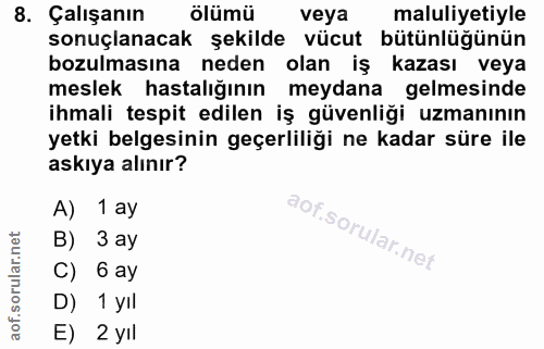 8. soru: Çalışanın ölümü veya maluliyetiyle sonuçlanacak şekilde vücut bütünlüğünün bozulmasına neden olan iş kazası veya mesl…