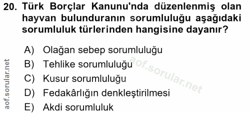 20. soru: Türk Borçlar Kanunu'nda düzenlenmiş olan hayvan bulunduranın sorumluluğu aşağıdaki sorumluluk türlerinden hangisine d…