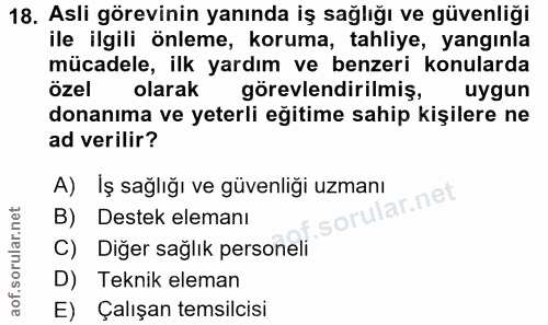 18. soru: Asli görevinin yanında iş sağlığı ve güvenliği ile ilgili önleme, koruma, tahliye, yangınla mücadele, ilk yardım ve b…