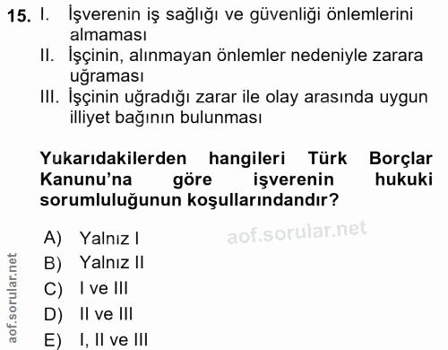 15. soru: I. İşverenin iş sağlığı ve güvenliği önlemlerini almaması II. İşçinin, alınmayan önlemler nedeniyle zarara uğraması I…