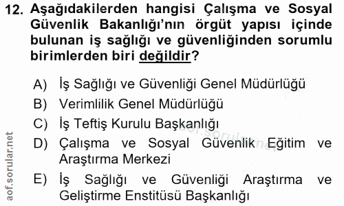 12. soru: Aşağıdakilerden hangisi Çalışma ve Sosyal Güvenlik Bakanlığı'nın örgüt yapısı içinde bulunan iş sağlığı ve güvenliğin…