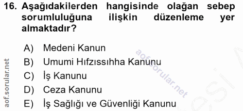 16. soru: Aşağıdakilerden hangisinde olağan sebep sorumluluğuna ilişkin düzenleme yer almaktadır? A) Medeni Kanun B) Umumi Hıfz…