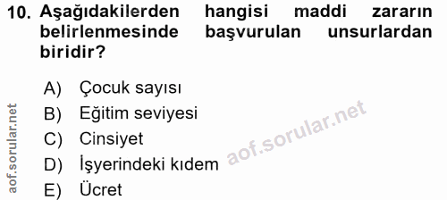 10. soru: Aşağıdakilerden hangisi maddi zararın belirlenmesinde başvurulan unsurlardan biridir? A) Çocuk sayısı B) Eğitim seviy…