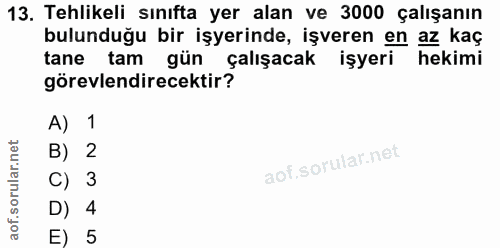 13. soru: Tehlikeli sınıfta yer alan ve 3000 çalışanın bulunduğu bir işyerinde, işveren en az kaç tane tam gün çalışacak işyeri…