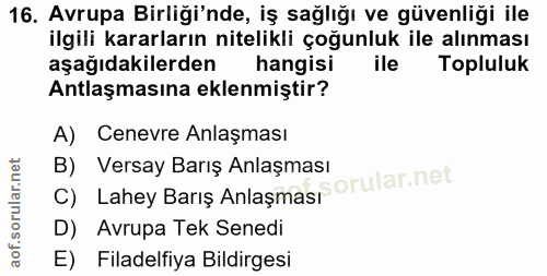 16. soru: Avrupa Birliği'nde, iş sağlığı ve güvenliği ile ilgili kararların nitelikli çoğunluk ile alınması aşağıdakilerden han…
