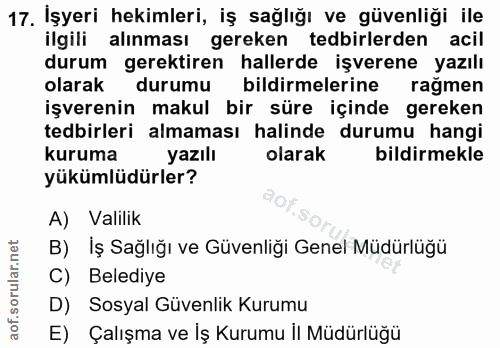 17. soru: İşyeri hekimleri, iş sağlığı ve güvenliği ile ilgili alınması gereken tedbirlerden acil durum gerektiren hallerde işv…