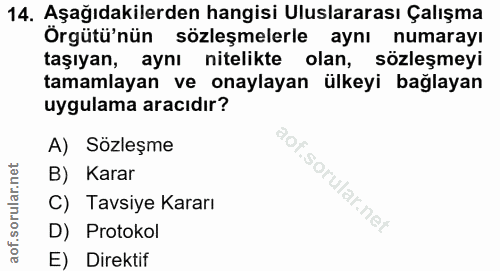 14. soru: Aşağıdakilerden hangisi Uluslararası Çalışma Örgütü'nün sözleşmelerle aynı numarayı taşıyan, aynı nitelikte olan, söz…