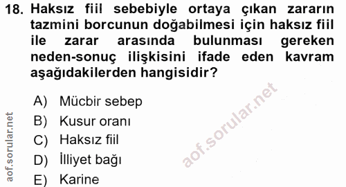 18. soru: Haksız fiil sebebiyle ortaya çıkan zararın tazmini borcunun doğabilmesi için haksız fill ile zarar arasında bulunması…