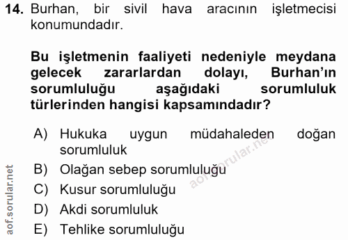 14. soru: Burhan, bir sivil hava aracının işletmecisi konumundadır. Bu işletmenin faaliyeti nedeniyle meydana gelecek zararlard…