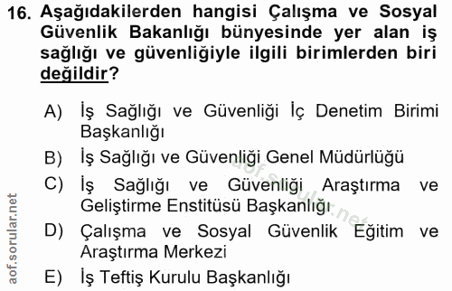 16. soru: Aşağıdakilerden hangisi Çalışma ve Sosyal Güvenlik Bakanlığı bünyesinde yer alan iş sağlığı ve güvenliğiyle ilgili bi…