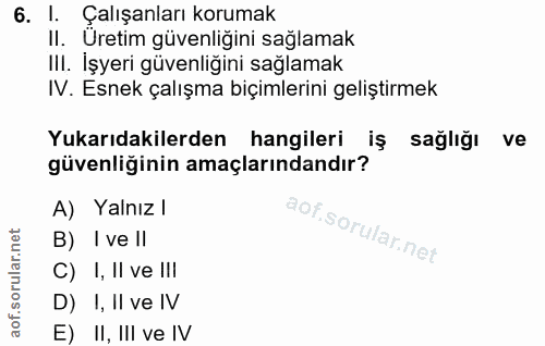6. soru: I. Çalışanları korumak II. Üretim güvenliğini sağlamak III. İşyeri güvenliğini sağlamak IV. Esnek çalışma biçimlerini…
