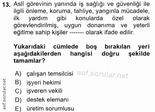 13. soru: Aslî görevinin yanında iş sağlığı ve güvenliği ile ilgili önleme, koruma, tahliye, yangınla mücadele, ilk yardım gibi…