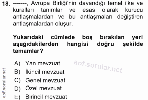 18. soru: ---_, Avrupa Birliği'nin dayandığı temel ilke ve kuralları tanımlar ve esas olarak kurucu antlaşmalardan ve bu antlaş…