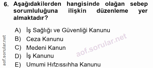 6. soru: Aşağıdakilerden hangisinde olağan sebep sorumluluğuna ilişkin düzenleme yer almaktadır? A) İş Sağlığı ve Güvenliği Ka…