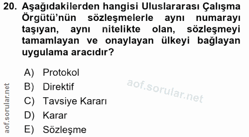 20. soru: Aşağıdakilerden hangisi Uluslararası Çalışma Örgütü'nün sözleşmelerle aynı numarayı taşıyan, aynı nitelikte olan, söz…