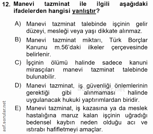 12. soru: Manevi tazminat ile ilgili aşağıdaki ifadelerden hangisi yanlıştır? A) Manevi tazminat talebinde işçinin gelir düzeyi…