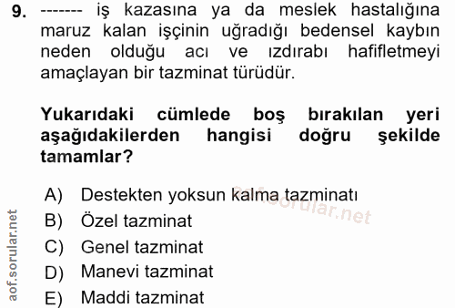 9. soru: --- iş kazasına ya da meslek hastalığına maruz kalan işçinin uğradığı bedensel kaybın neden olduğu acı ve ızdırabı ha…