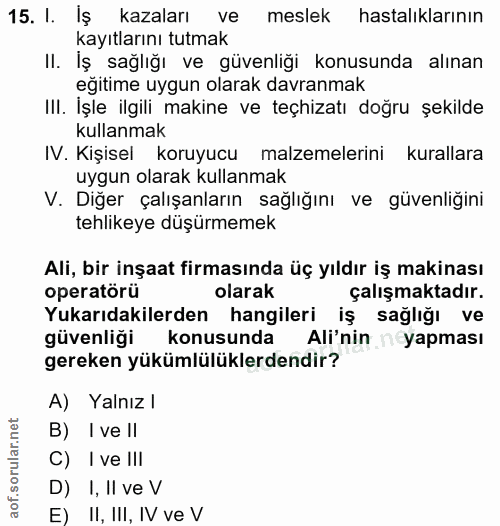 15. soru: I. Iş kazaları ve meslek hastalıklarının kayıtlarını tutmak Il. Iş sağlığı ve güvenliği konusunda alınan eğitime uygu…