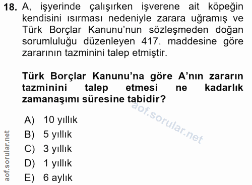 18. soru: A, işyerinde çalışırken işverene ait köpeğin kendisini ısırması nedeniyle zarara uğramış ve Türk Borçlar Kanunu'nun s…