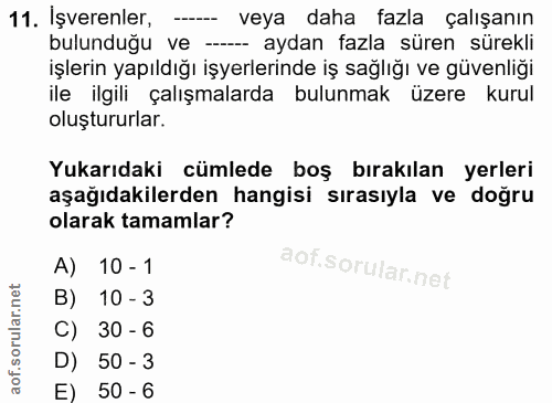11. soru: İşverenler, veya daha fazla çalışanın bulunduğu ve -- aydan fazla süren sürekli işlerin yapıldığı işyerlerinde iş sağ…
