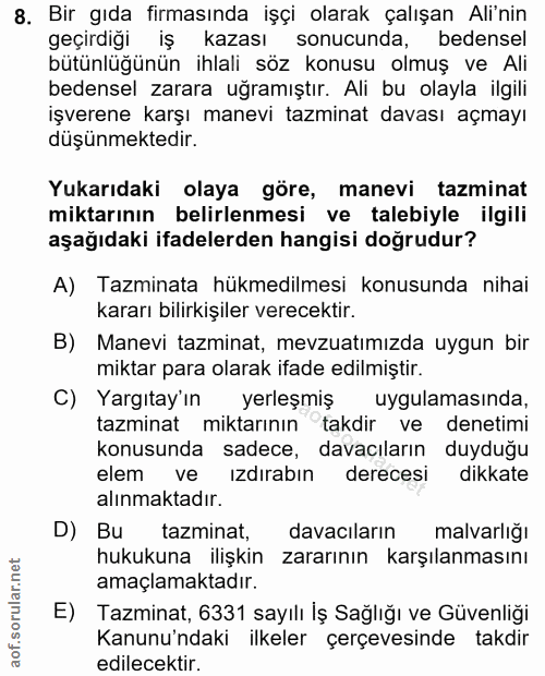 8. soru: Bir gıda firmasında işçi olarak çalışan Ali'nin geçirdiği iş kazası sonucunda, bedensel bütünlüğünün ihlali söz konus…