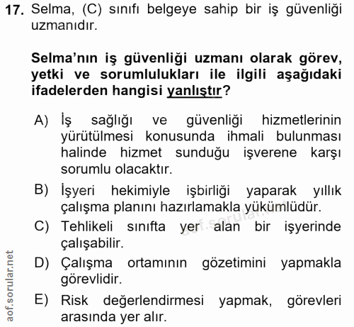 17. soru: Selma, (C) sınıfı belgeye sahip bir iş güvenliği uzmanıdır. Selma'nın iş güvenliği uzmanı olarak görev, yetki ve soru…