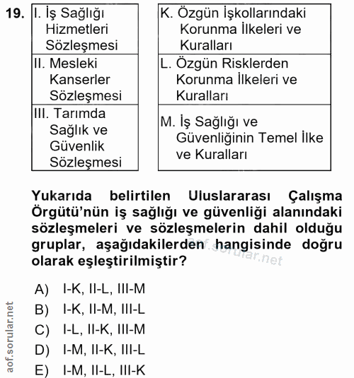 19. soru: Il. İş Sağlığı K. Özgün İşkollarındaki Hizmetleri Korunma İlkeleri ve Sözleşmesi Kuralları II. Mesleki L. Özgün Riskl…