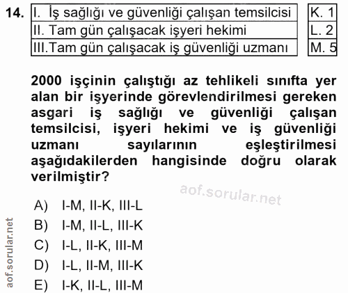 14. soru: 1. Iş sağlığı ve güvenliği çalışan temsilcisi K. 1 Il. Tam gün çalışacak işyeri hekimi L.2 |!I. Tam gün çalışacak iş…