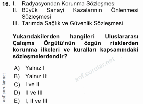16. soru: 1. Radyasyondan Korunma Sözleşmesi II. Büyük Sanayi Kazalarının Önlenmesi Sözleşmesi III. Tarımda Sağlık ve Güvenlik…