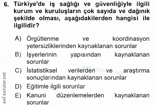 6. soru: Türkiye'de iş sağlığı ve güvenliğiyle ilgili kurum ve kuruluşların çok sayıda ve dağınık şekilde olması, aşağıdakiler…