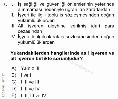 7. soru: I. İş sağlığı ve güvenliği önlemlerinin yeterince alınmaması nedeniyle uğranılan zararlardan II. İşyeri ile ilgili to…